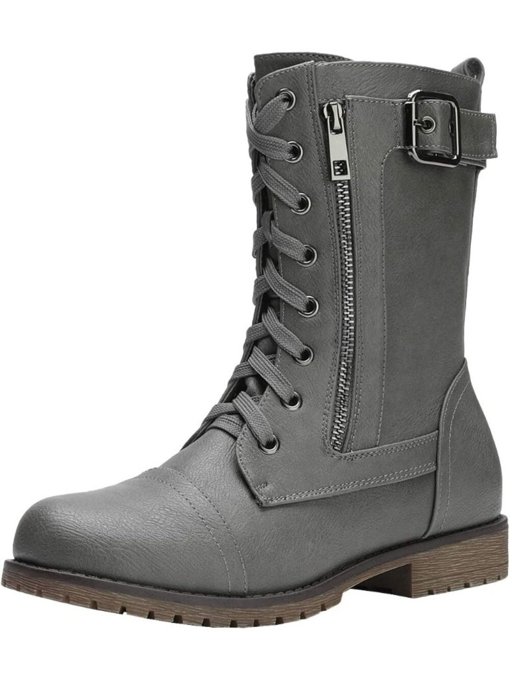 Women’s Grey Mid-Calf With Built-in Wallet Pocket and Side Zipper Combat Boots